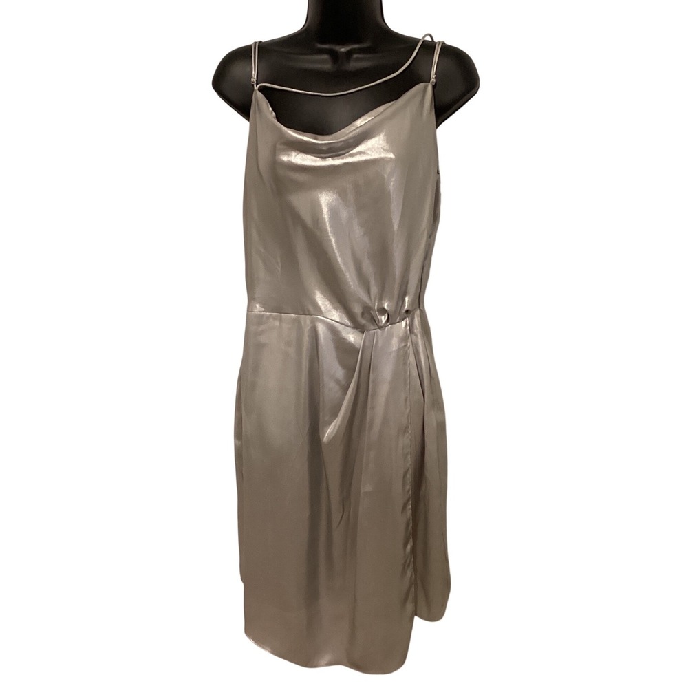HM Metallic Silver Cowl Neck Slip‎ Dress Womens 12 Satin Wrap Front Cocktail